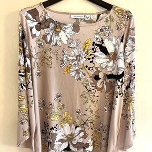 Susan Graver Tunic Top Women’s XL Black Yellow Brown Floral Beaded  long Sleeve